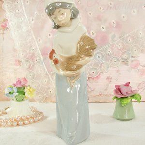 Lladro Retired Girl with Rooster Chicken Porcelain Figurine Creche Figurine